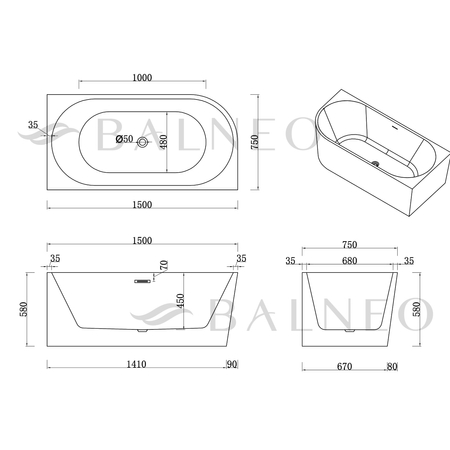 Freestanding bathtub corner right Balneo AVOLA NO RIM 150 x 75 cm white acrylic with frame made of stainless steel and 6 stabilizing legs with overflow and white plug