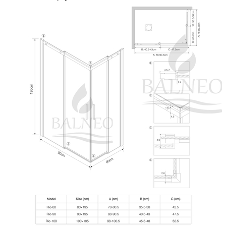 Shower enclosure sliding Balneo Rio 80 x 90 cm gold transparentna