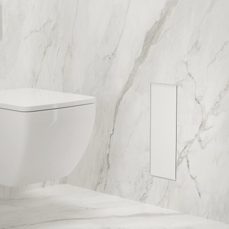 Balneo Wall Box Brush S White Glass Left-Hand In-Wall Toilet Brush Holder, Stainless Steel