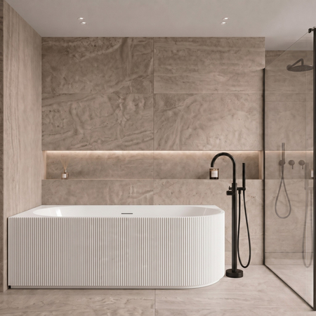 Freestanding bathtub corner left Balneo AVOLA fluted NO RIM 160 x 75 cm white acrylic with frame made of stainless steel and 6 stabilizing legs with overflow and white plug