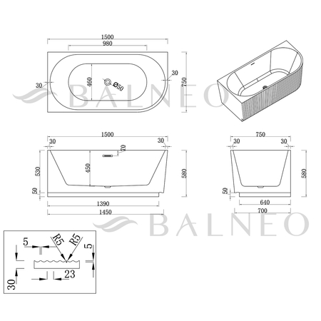 Freestanding bathtub corner left Balneo AVOLA fluted NO RIM 150 x 75 cm white black acrylic with frame made of stainless steel and 6 stabilizing legs with overflow and white plug