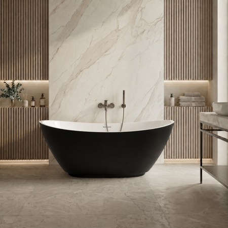 Freestanding bathtub Balneo PARMA NO RIM 170 x 72 cm white black acrylic with frame made of stainless steel and 6 stabilizing legs with overflow and white plug