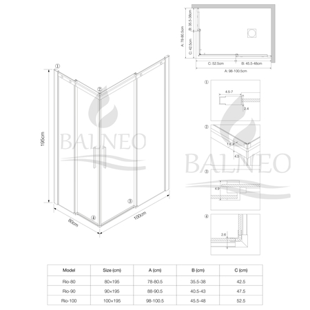 Shower enclosure sliding Balneo Rio 80 x 100 cm black transparentna