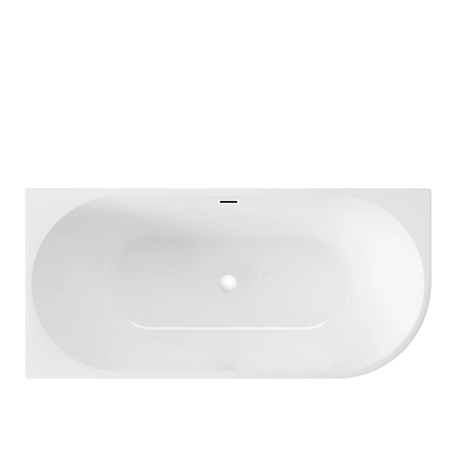 Left-Hand Corner Freestanding Balneo AVOLA Bathtub, 150 × 75 cm, White Acrylic with Stainless Steel Frame and 6 Stabilizing Feet, including Overflow and White Plug