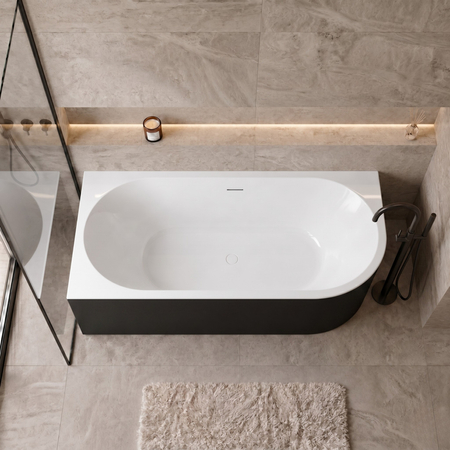 Wanna wolnostojąca narożna lewa Balneo AVOLA NO RIM 160 x 80 cm biało czarna akrylowa z ramą ze stali nierdzewnej i 6 nóżkami stabilizującymi z przelewem i białym korkiem