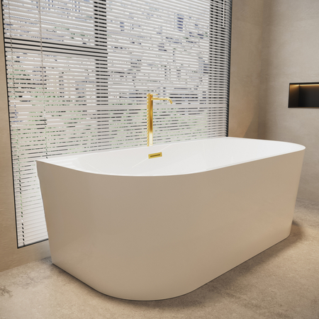 Balneo VIVA wall-mounted freestanding bathtub, white, 160 x 75 cm, acrylic, with stainless steel frame and 6 stabilizing legs, overflow, and mirror gold click-clack drain