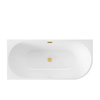 Freestanding left-hand corner bathtub “Balneo AVOLA” 150 × 75 cm, white acrylic, with stainless steel frame and six stabilizing feet, featuring a gold overflow and drain plug.