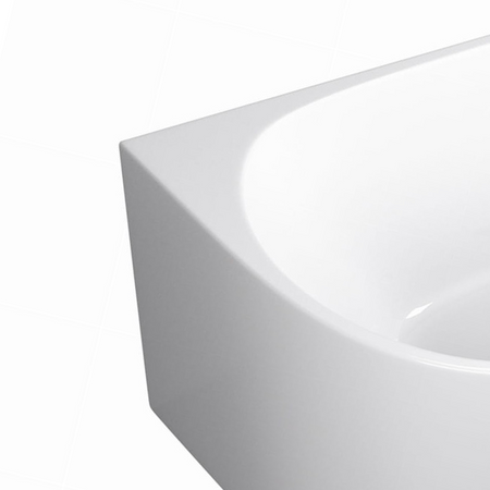 Wanna wolnostojąca narożna prawa Balneo AVOLA 150 x 75 cm biała akrylowa z ramą ze stali nierdzewnej i 6 nóżkami stabilizującymi z przelewem i korkiem czarnym