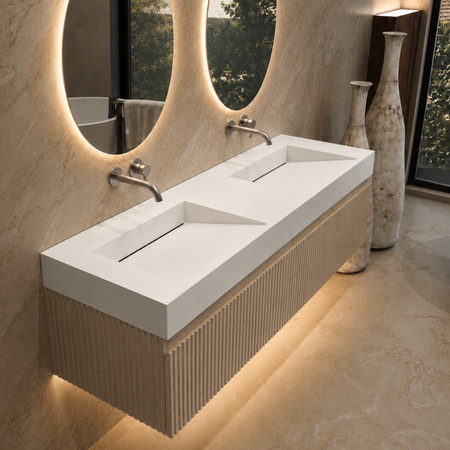 Seravia Solid Surface Washbasin, Coco White, with Double Linear Drain, 140 cm