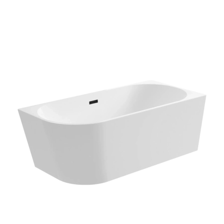 Balneo AVOLA 150 × 75 cm Right-Hand Freestanding Corner Bathtub, White Acrylic with Stainless Steel Frame and 6 Stabilizing Feet, featuring a Black Overflow and Drain Plug