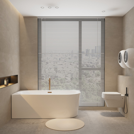 Left corner freestanding bathtub Balneo AVOLA 160 x 80 cm white acrylic with a stainless steel frame and 6 stabilizing legs, featuring a copper overflow and drain