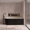 Wanna wolnostojąca narożna prawa Balneo AVOLA NO RIM 150 x 75 cm biało czarna akrylowa z ramą ze stali nierdzewnej i 6 nóżkami stabilizującymi z przelewem i białym korkiem