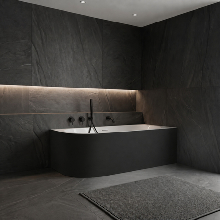 Freestanding bathtub corner right Balneo AVOLA NO RIM 150 x 75 cm white black acrylic with frame made of stainless steel and 6 stabilizing legs with overflow and white plug