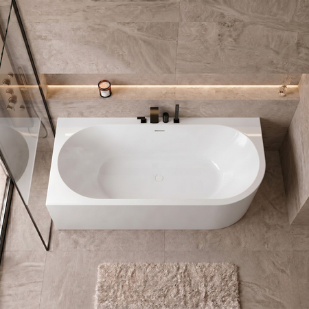 Freestanding bathtub corner left Balneo AVOLA PLUS NO RIM 160 x 75 cm white acrylic with frame made of stainless steel and 6 stabilizing legs with overflow and white plug