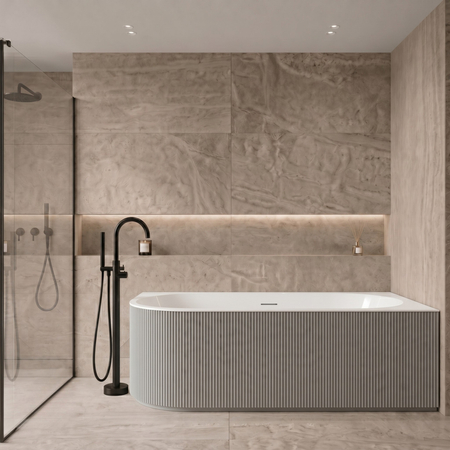 Wanna wolnostojąca narożna prawa Balneo AVOLA ryflowana NO RIM 170 x 80 cm biało szara akrylowa z ramą ze stali nierdzewnej i 6 nóżkami stabilizującymi z przelewem i białym korkiem