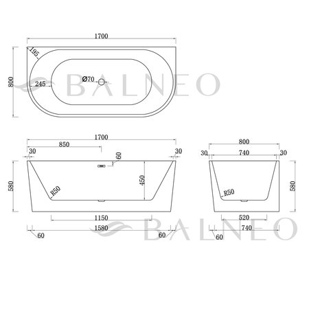 Free-standing wall-mounted bathtub Balneo VIVA white 170 x 80 cm acrylic with stainless steel frame and 6 stabilizing legs with overflow and gun metal plug