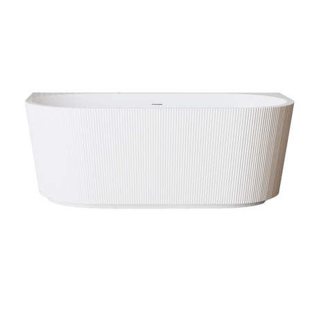 Freestanding bathtub wall-mounted Balneo VIVA fluted NO RIM 150 x 75 cm white acrylic with frame made of stainless steel and 6 stabilizing legs with overflow and white plug