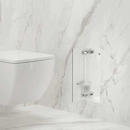 Schowek na szczotkę WC Balneo Wall Box Brush S White Glass lewy do wbudowania w ścianę ze stali nierdzewnej