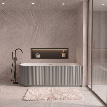 Freestanding bathtub corner right Balneo AVOLA fluted NO RIM 170 x 80 cm white grey acrylic with frame made of stainless steel and 6 stabilizing legs with overflow and white plug