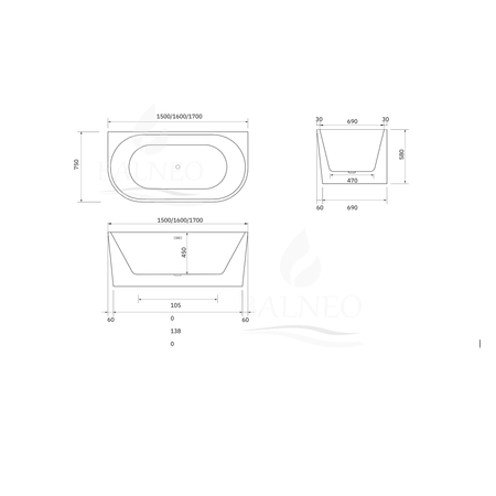 Balneo VIVA wall-mounted freestanding bathtub, white, 170 x 80 cm, acrylic, with stainless steel frame and 6 stabilizing legs, overflow, and gold click-clack drain