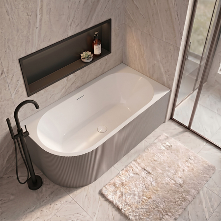 Freestanding bathtub corner right Balneo AVOLA fluted NO RIM 170 x 80 cm white grey acrylic with frame made of stainless steel and 6 stabilizing legs with overflow and white plug
