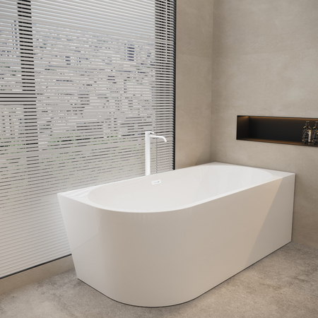 Balneo AVOLA Right-Hand Freestanding Corner Bathtub 150 × 75 cm, White Acrylic with Stainless Steel Frame and 6 Stabilizing Legs, with Overflow and White Plug.