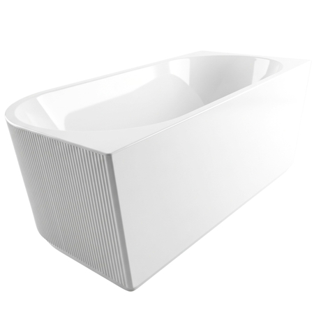 Freestanding bathtub corner left Balneo AVOLA fluted NO RIM 160 x 75 cm white acrylic with frame made of stainless steel and 6 stabilizing legs with overflow and white plug