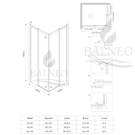 Kabina prysznicowa rozsuwana Balneo Rio 100 x 100 cm złota transparentna