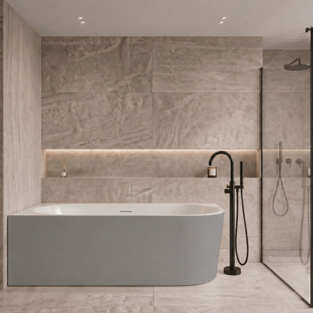 Freestanding bathtub corner left Balneo AVOLA NO RIM 160 x 80 cm white grey acrylic with frame made of stainless steel and 6 stabilizing legs with overflow and white plug