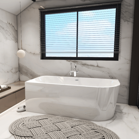 Left corner freestanding bathtub Balneo AVOLA 170 x 80 cm white acrylic with a stainless steel frame and 6 stabilizing legs with a chrome overflow and drain