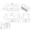 Freestanding bathtub corner left Balneo AVOLA fluted NO RIM 160 x 75 cm white black acrylic with frame made of stainless steel and 6 stabilizing legs with overflow and white plug