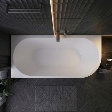 Wanna wolnostojąca narożna lewa Balneo AVOLA NO RIM 170 x 80 cm biała akrylowa z ramą ze stali nierdzewnej i 6 nóżkami stabilizującymi z przelewem i białym korkiem