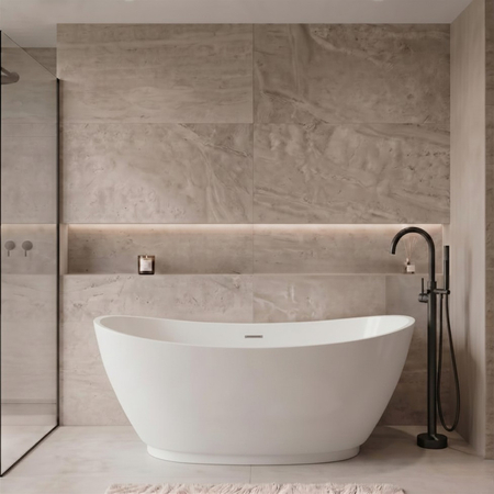 Freestanding bathtub Balneo PARMA NO RIM 170 x 72 cm white grey acrylic with frame made of stainless steel and 6 stabilizing legs with overflow and white plug