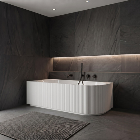 Freestanding bathtub corner left Balneo AVOLA fluted NO RIM 160 x 75 cm white acrylic with frame made of stainless steel and 6 stabilizing legs with overflow and white plug