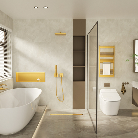 Odpływ liniowy podłogowy Balneo Duplex Next Mirror Gold 90 cm złoty dwustronny ze stali nierdzewnej z niskim syfonem i głębokim osadnikiem