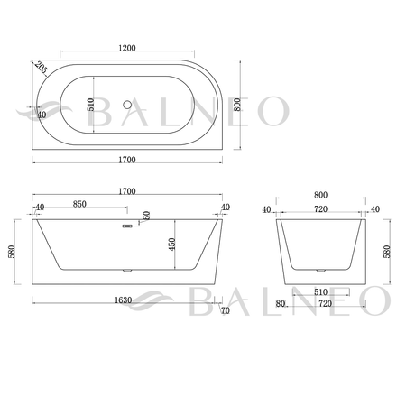 Right Corner Freestanding Bathtub Balneo AVOLA 170 x 80 cm White Acrylic with Stainless Steel Frame and 6 Stabilizing Legs with Overflow and Copper Drain