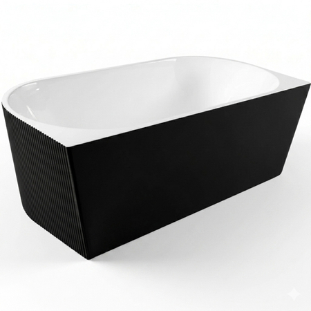 Freestanding bathtub wall-mounted Balneo VIVA fluted 170 x 80 cm white black acrylic with frame made of stainless steel and 6 stabilizing legs with overflow and white plug