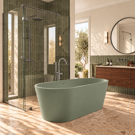 Freestanding bathtub VALIA Solid Surface Pistachio Cream with siphon and plug
