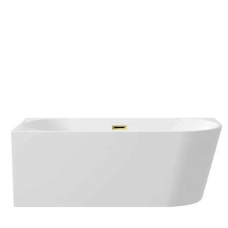 Freestanding corner bathtub left Balneo Avola 170 x 80 cm white acrylic with stainless steel frame and 6 stabilizing legs with overflow and mirror gold drain
