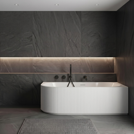 Freestanding bathtub corner right Balneo AVOLA fluted NO RIM 170 x 80 cm white acrylic with frame made of stainless steel and 6 stabilizing legs with overflow and white plug