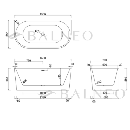 Balneo VIVA 150 x 75 cm wall-mounted freestanding bathtub white acrylic with stainless steel frame and 6 stabilizing legs with overflow and gun metal stopper