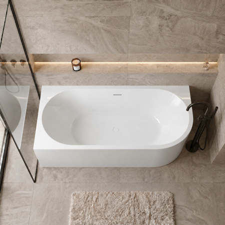 Freestanding bathtub corner left Balneo AVOLA NO RIM 170 x 80 cm white acrylic with frame made of stainless steel and 6 stabilizing legs with overflow and white plug