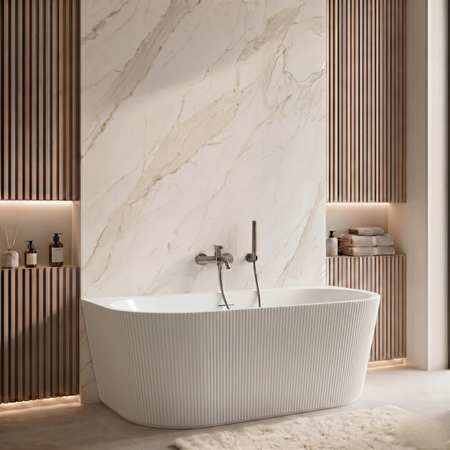 Freestanding bathtub wall-mounted Balneo VIVA fluted NO RIM 160 x 75 cm white acrylic with frame made of stainless steel and 6 stabilizing legs with overflow and white plug