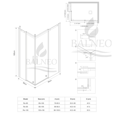 Shower enclosure sliding Balneo Rio 80 x 90 cm gold transparentna