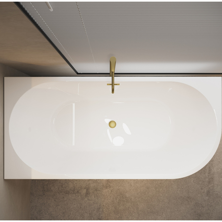 Left Corner Freestanding Bathtub Balneo AVOLA 170 x 80 cm White Acrylic with Stainless Steel Frame and 6 Stabilizing Legs with Overflow and Golden Plug