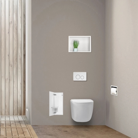 Schowek na szczotkę WC Balneo Wall Box Brush S White Glass lewy do wbudowania w ścianę ze stali nierdzewnej