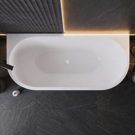 Freestanding bathtub wall-mounted Balneo VIVA fluted NO RIM 150 x 75 cm white acrylic with frame made of stainless steel and 6 stabilizing legs with overflow and white plug