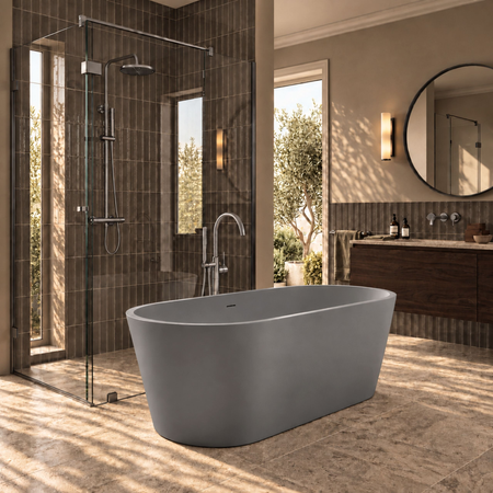 Wanna wolnostojąca VALIA Solid Surface Cemento Raw z syfonem i korkiem