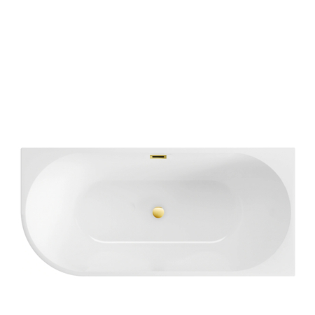 Balneo AVOLA 150 × 75 cm White Acrylic Left-Hand Freestanding Corner Bathtub with Stainless Steel Frame, 6 Stabilizing Feet, Overflow and Mirrored Gold Plug