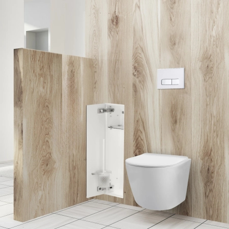 Schowek na szczotkę WC Balneo Wall Box Brush L White Glass lewy do wbudowania w ścianę ze stali nierdzewnej